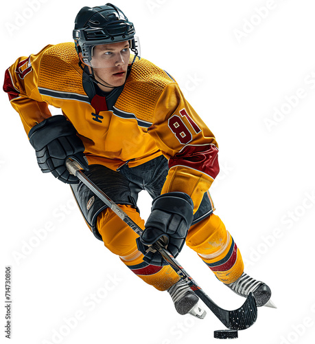 A hockey player in a yellow uniform and a black helmet with a stick in his hands leads the puck. Isolated on a transparent background