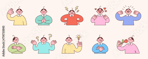 Set of cute characters expressing emotions. Vector illustration of feelings shown with gestures and facial expressions. Emotional boys in colorful shirts in trendy cartoon style.