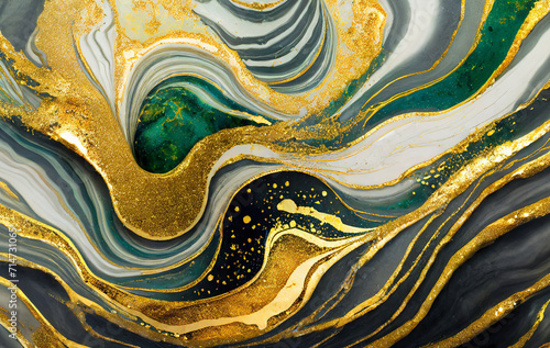 Ebru artwork texture with gold powder. Marble abstract acrylic background with agate ripple.