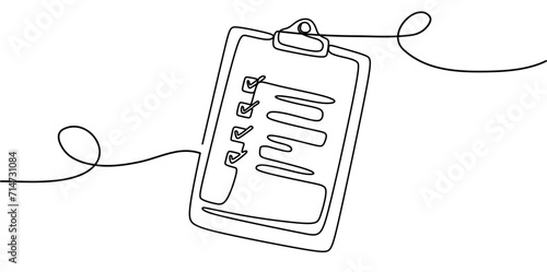 Clipboard with checklist. Continuous line one drawing. Vector illustration. Simple line illustration.