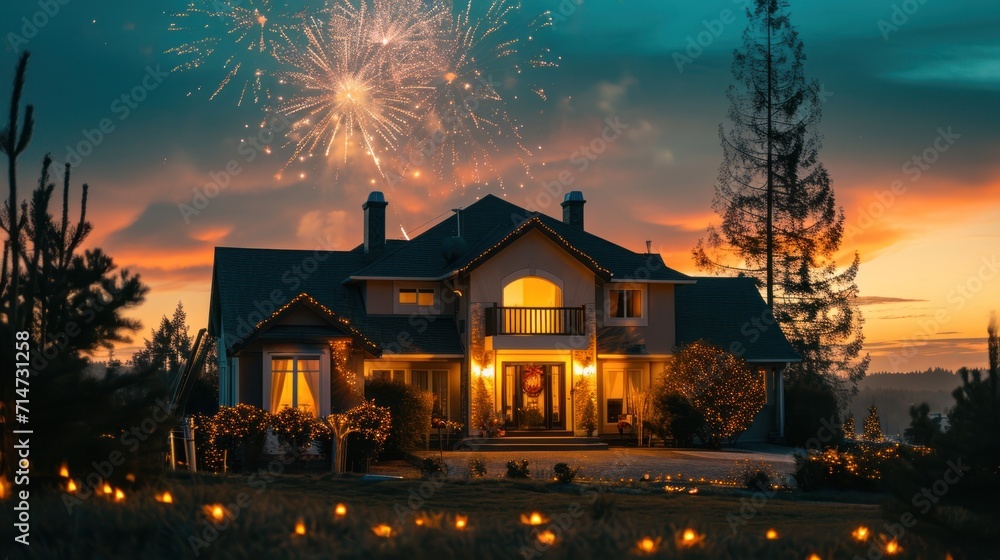 Fireworks show over a single family house in sky for holiday celebration.