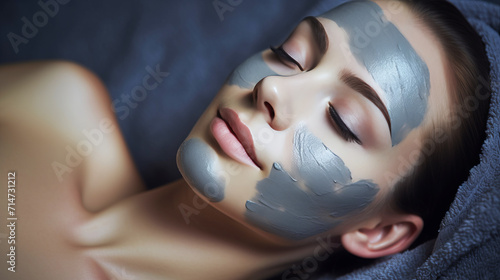 Young woman with closed eyes applying skin-perfecting facial mask for flawless skin care