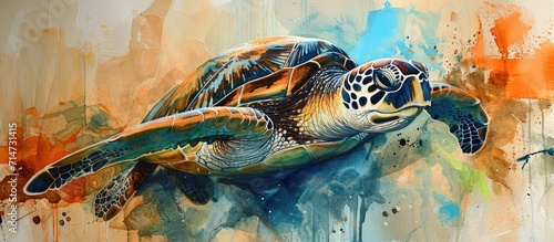 Unique watercolor painting of a sea turtle on canvas. photo