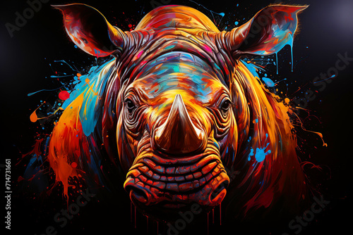 Abstract, multicolored neon portrait of a rhinoceros looking forward, in the style of pop art on a black background.