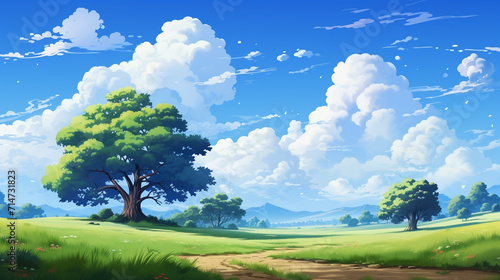 Blue sky and cloud with meadow tree. Plain landscape background for summer poster. Generate AI