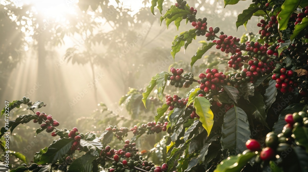 Fototapeta premium Fresh coffee berries from plantation farm at sunrise in a foggy morning.