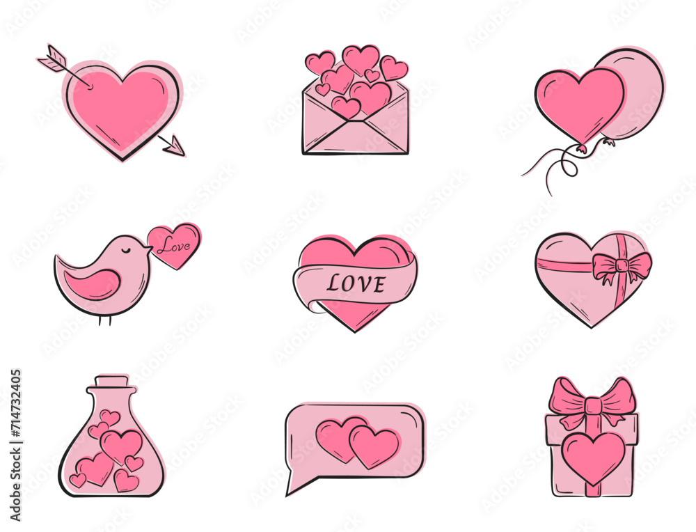 valentine pink icon set. love, heart and romantic symbols. valentines day design valentine pink icon set. love, heart and romantic symbols. valentines day design