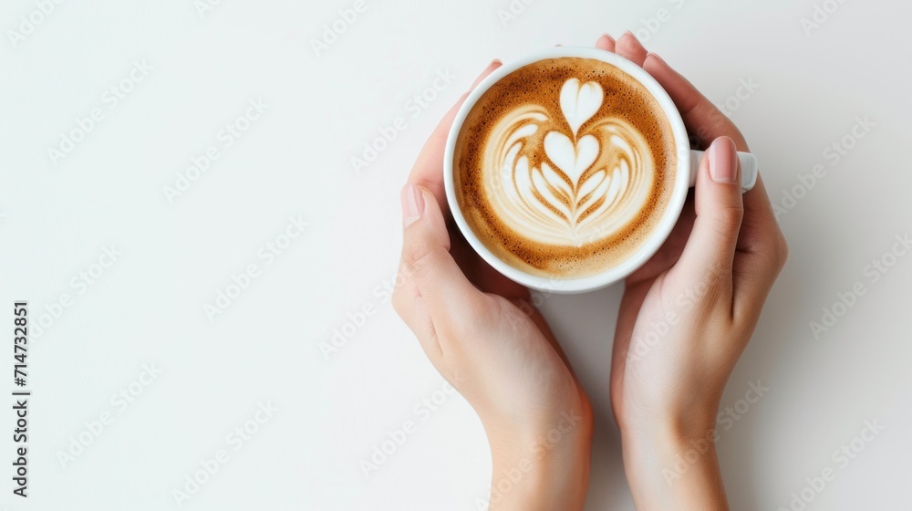 Close-up view of a cup of coffee with heart shape latte art in hands. - obrazy, fototapety, plakaty 
