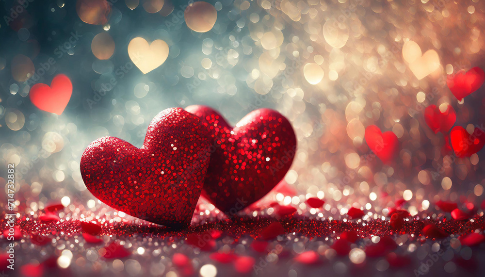 Abstract Defocused Valentines Card With Red Hearts On Shiny Glitter Abstract Defocused Valentines Card With Red Hearts On Shiny Glitter