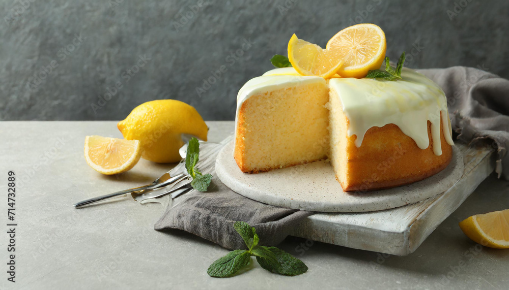 Cut tasty lemon cake with glaze and citrus fruits on light grey textured table, space for text Cut tasty lemon cake with glaze and citrus fruits on light grey textured table, space for text