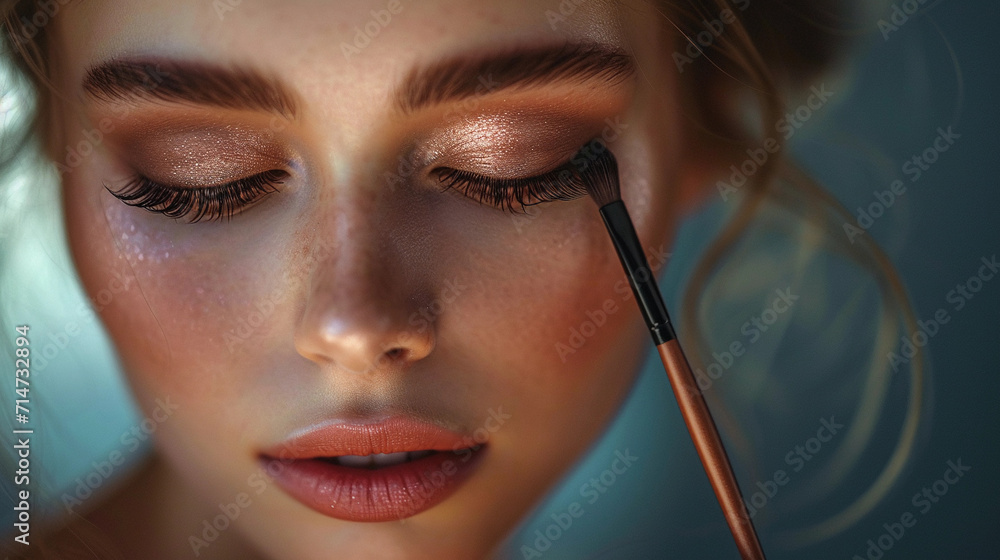 Close-up of a beautiful woman's face with a makeup brush - obrazy, fototapety, plakaty 