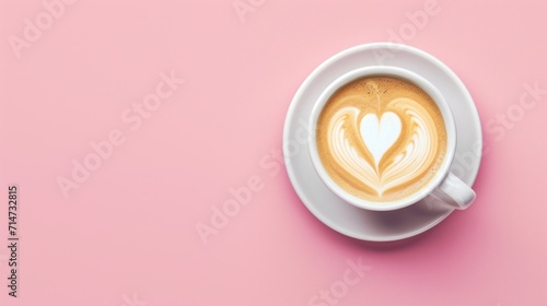 Close-up view of a cup of coffee with heart shape latte art over pink background. photo