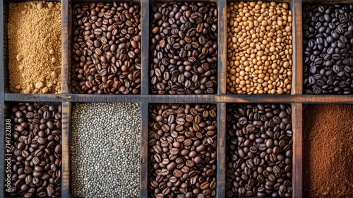 Close-up view of different type of coffee beans in storage box on table.