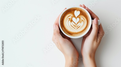 Close-up view of a cup of coffee with heart shape latte art in hands.