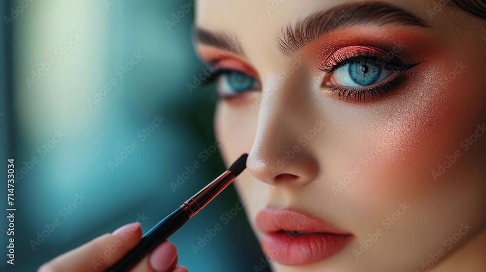 Close-up of a beautiful woman's face with a makeup brush