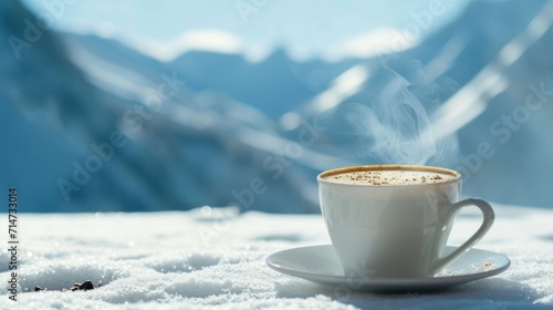 Close-up view of a cup of coffee on table in a snowy winter in wild.