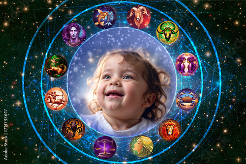 all zodiac signs with laughing toddler like concept of astrology and kids, horoscope of children, birth horoscope and astrological chart