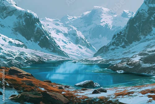 panorama of beautiful glacier mountains covered with snow with a lake © DailyLifeImages