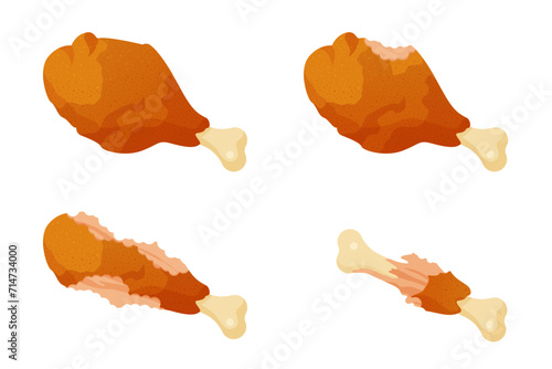 Eaten chicken leg set, sequence game animation. Animated stages of eating whole fried drumstick with crispy skin, motion steps of bitten thigh to bone with small pieces cartoon vector illustration