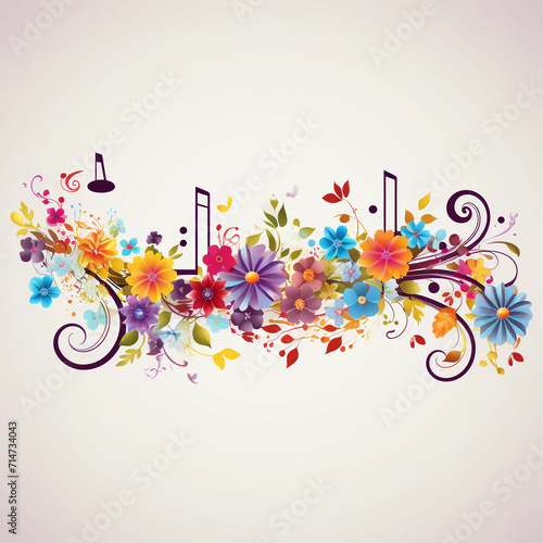 Treble clef colorful flowers ornament, horizontal illustration with copy space for classical music concert banner. 