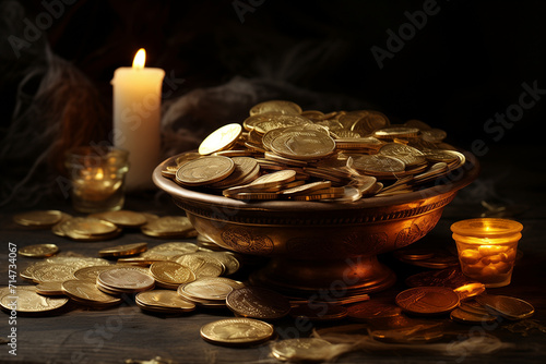 gold coins and candles sitting on a table, in the style of baroque religious scenes, texture