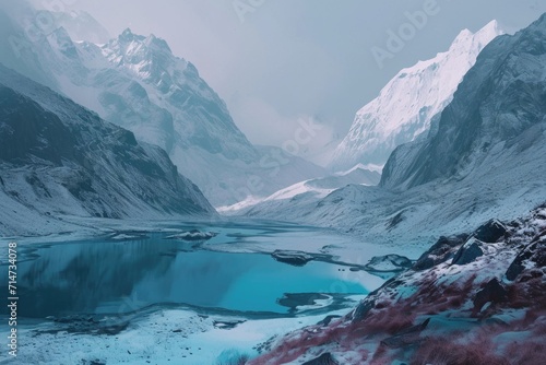 panorama of beautiful glacier mountains covered with snow with a lake