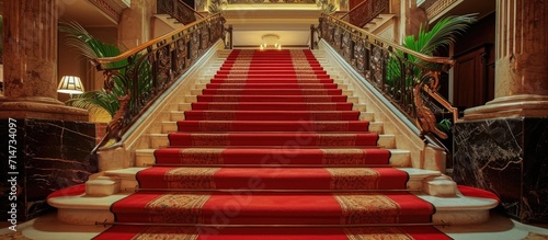 Hotel with red-carpeted marble stairs.