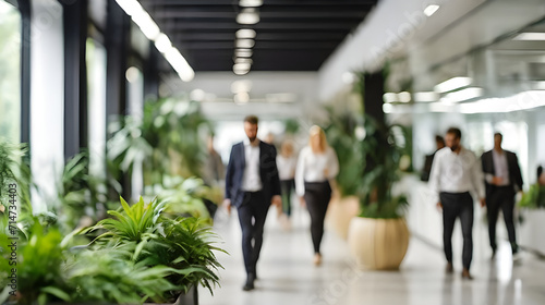 Bright business workplace with people in walking in blurred motion in modern office space. of green plants of deep forest style. Business people working in a luxurious office space is busy. photo