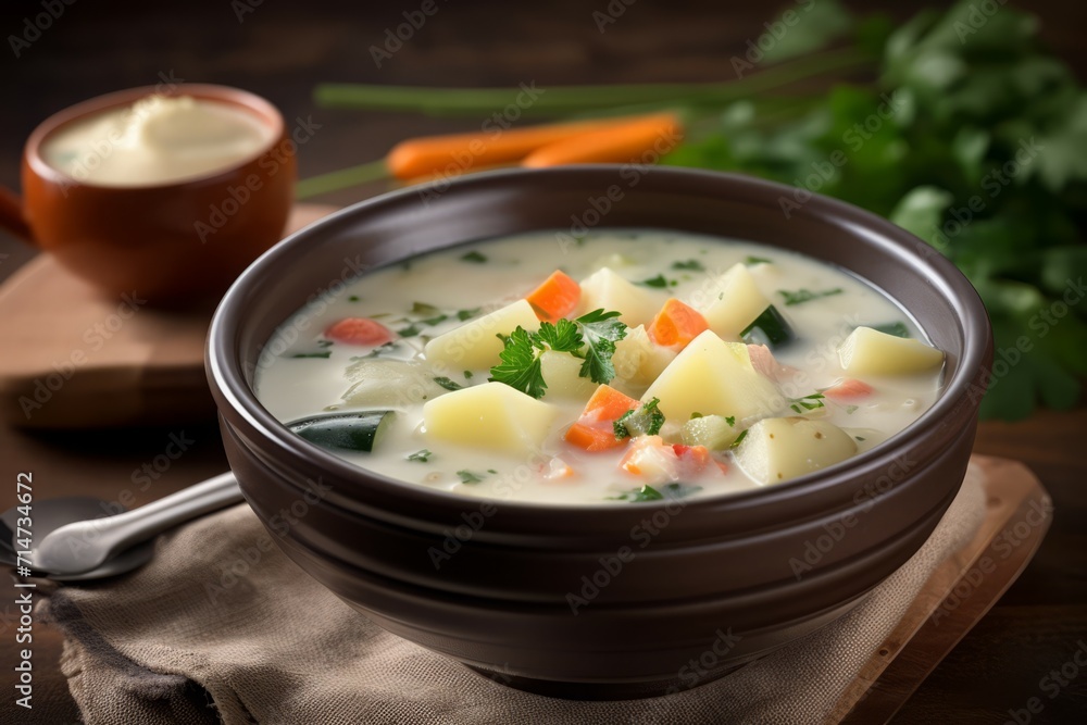 White potato soup bowl tasty creamy. Vegetarian diet cuisine meal recipe. Generate Ai