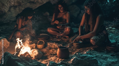 cavewoman working in cave preparing food with bonfire. Photorealistic.