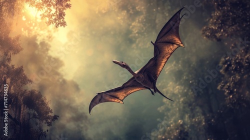 Fototapeta Naklejka Na Ścianę i Meble -  Flying dinosaur, Pterodactyl, flying high in sky in prehistoric environment. Photorealistic.