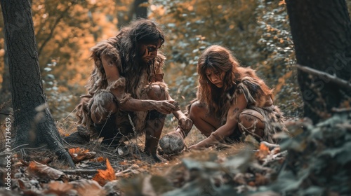 Cavewoman in field collecting food in prehistoric jungle. Photorealistic. photo