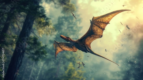 Flying dinosaur, Pterodactyl, flying high in sky at sunrise. Photorealistic.