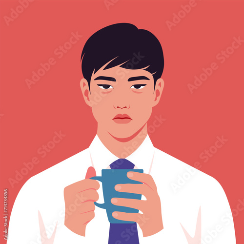 A sad and exhausted Asian man is holding a cup of coffee in his hands. An overworked manager. Vector flat illustration