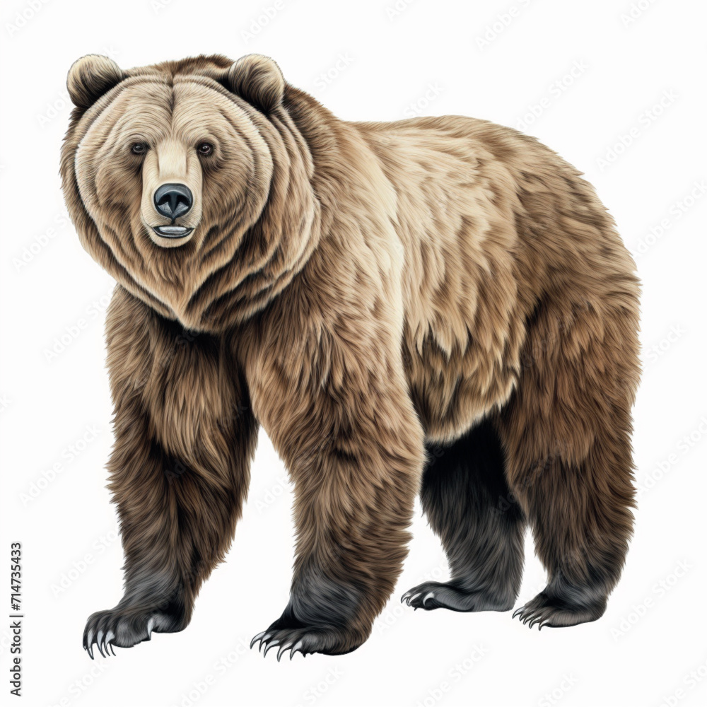 Grizzly Bear full body realistic drawing white background high