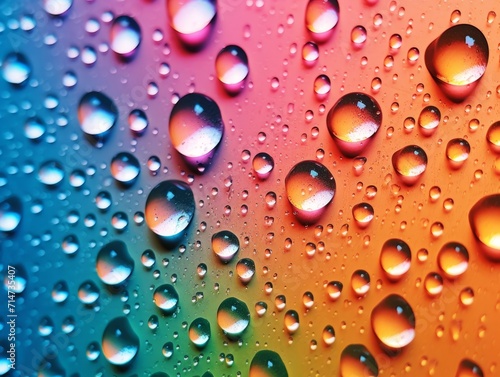 Macro photography of raindrops in rainbow colors on the window