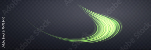 Glowing green lines. Neon realistic energy speed. Abstract light effect on a dark transparent background. Vector illustration.