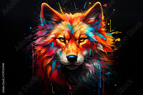 Abstract, multicolored neon portrait of a fox looking forward, in the style of pop art on a black background.