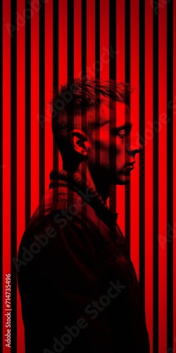 Man face is bar code, against red background photo