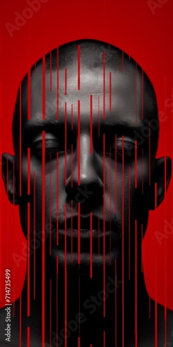 Man face is bar code, against red background photo