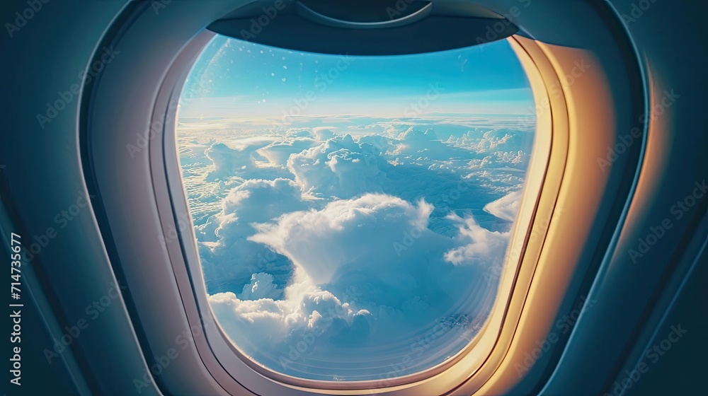 view of sky with clouds at daytime from airplane window at altitude