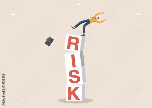 Risky choice of strategy or development path, obstacles and difficulties in achieving goals, fierce competition in the labor market, loss of funds in high-risk investments, man falls from risk cubes.