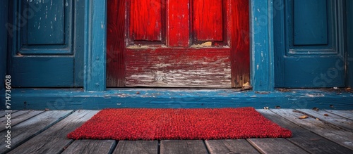 Red welcome doormat.