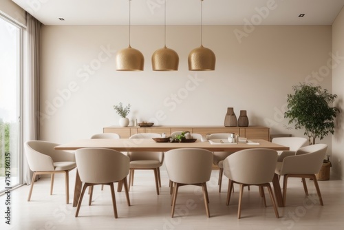 Interior home design of modern dining room with table, chairs and wooden furniture with beige stucco wall