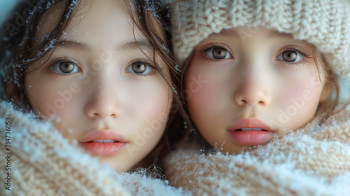 雪の日の美しい２人の女の子