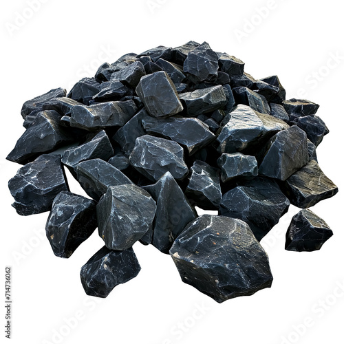 Dark stone  jagged rocks  varying in size  stacked against a stark white background