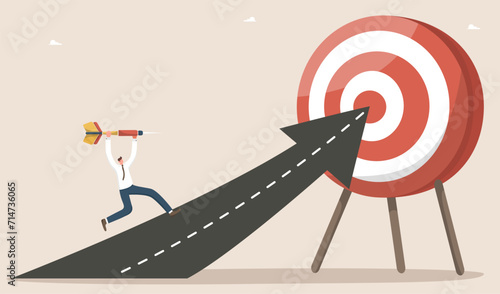 Planning strategy to achieve business goal, motivation and focus on results, creative solutions to complex problems, precision in setting plan to achieve success, man with dart runs along road to goal