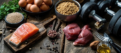 Various protein options displayed on a wooden surface with utensils and gym equipment. photo