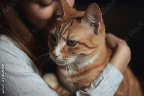 Lady holding kitty. Young and beautiful woman with adorable golden cat. Generate AI