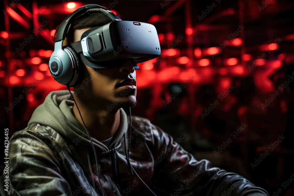 man wearing virtual reality glasses playing sports. VR Workout, interactive fitness, virtual gym concept. man wearing virtual reality glasses playing sports. VR Workout, interactive fitness, virtual gym concept.